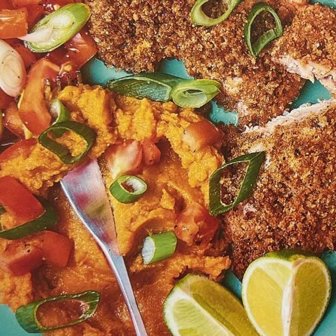 Spicy Caribbean-style Chicken with Sweet Potato Mash