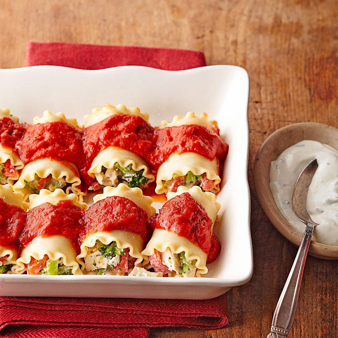Chicken Lasagna Rolls with Chive-Cream Sauce
