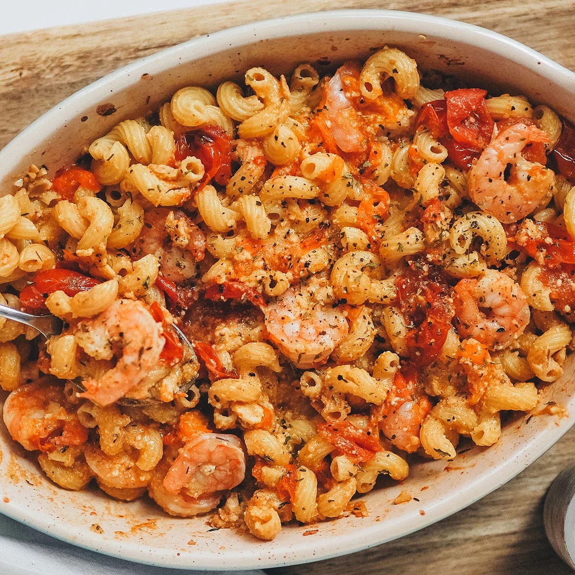 Upgraded Baked Feta Pasta with Shrimp