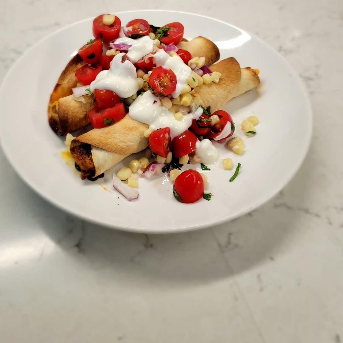 Cheesy Chicken Taquitos with Pico de Gallo Corn Salad & Yogurt Crema