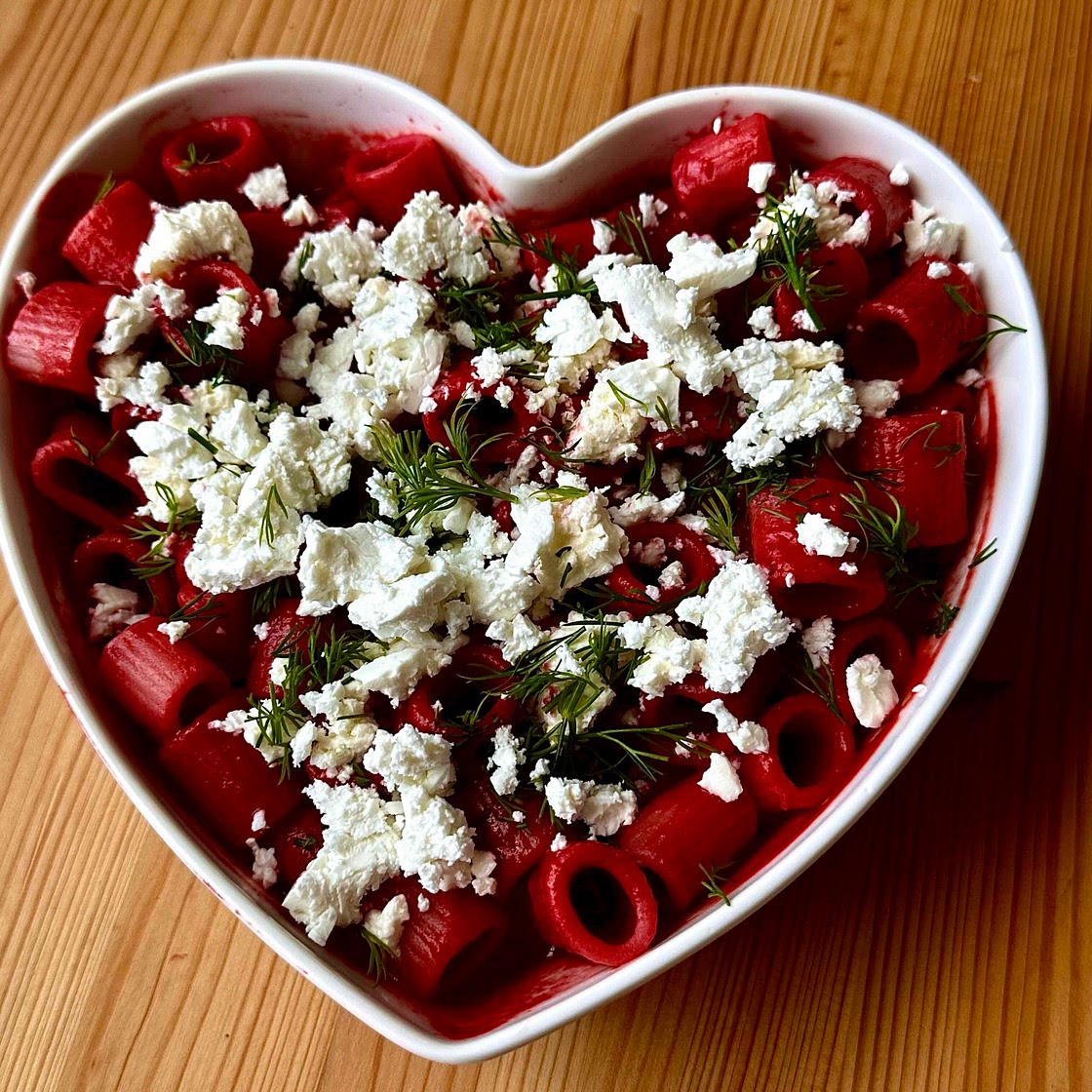 Spicy Beet Pasta with Feta Cheese 