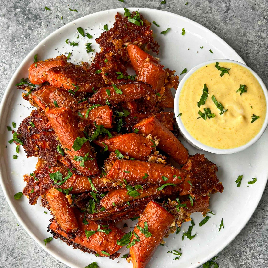 Crispy Roasted Parmesan Carrots with Creamy Spicy Honey Mustard
