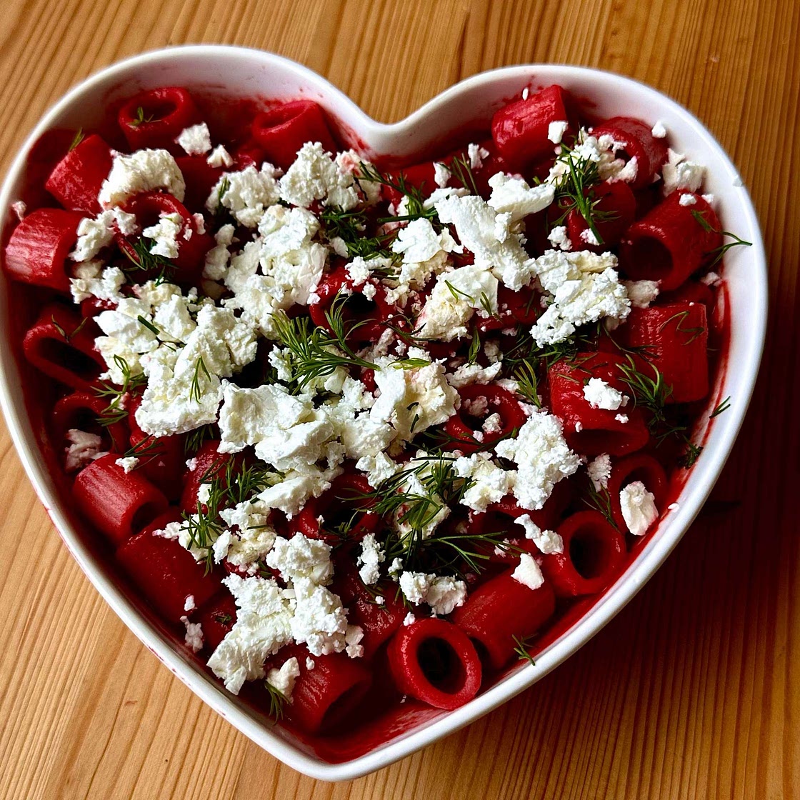 Spicy Beet Pasta with Feta Cheese 