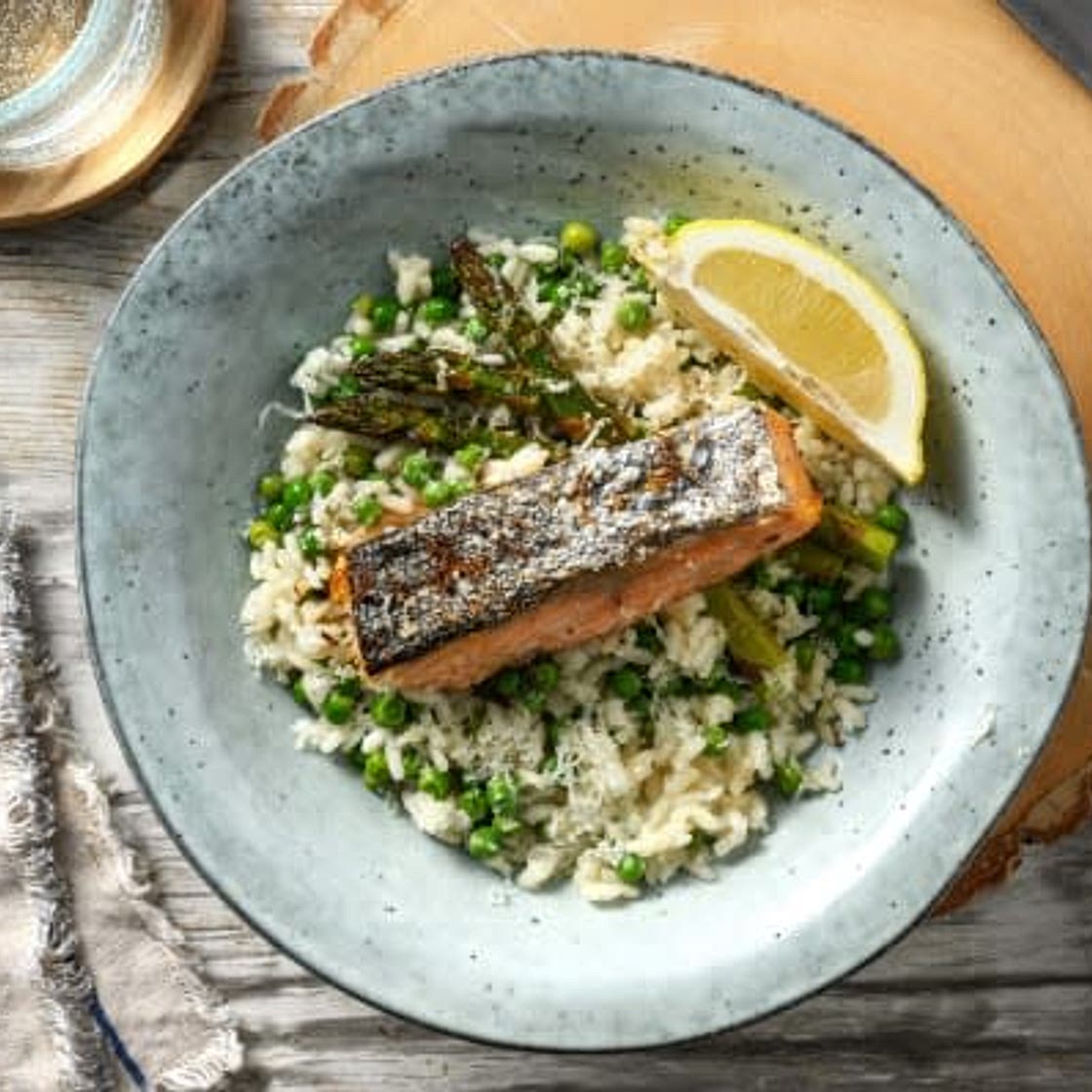Lemon and Rainbow Trout Risotto
with Asparagus & Peas