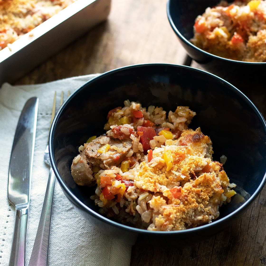 Sausage, Bell Pepper, and Rice Casserole