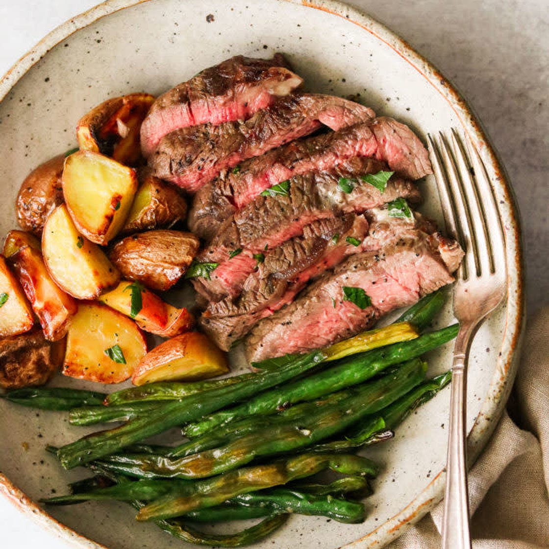 Seared Steak with Smashed Potatoes and Roasted Green Beans