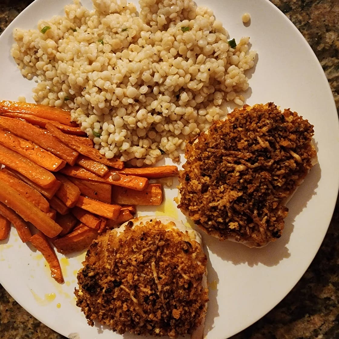 Crispy Parmesan Chicken with Garlic Herb Couscous & Lemony Roasted Carrots
