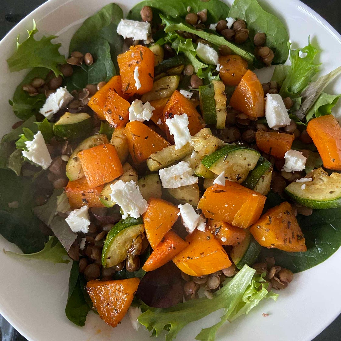 roasted squash, courgette and lentil salad 