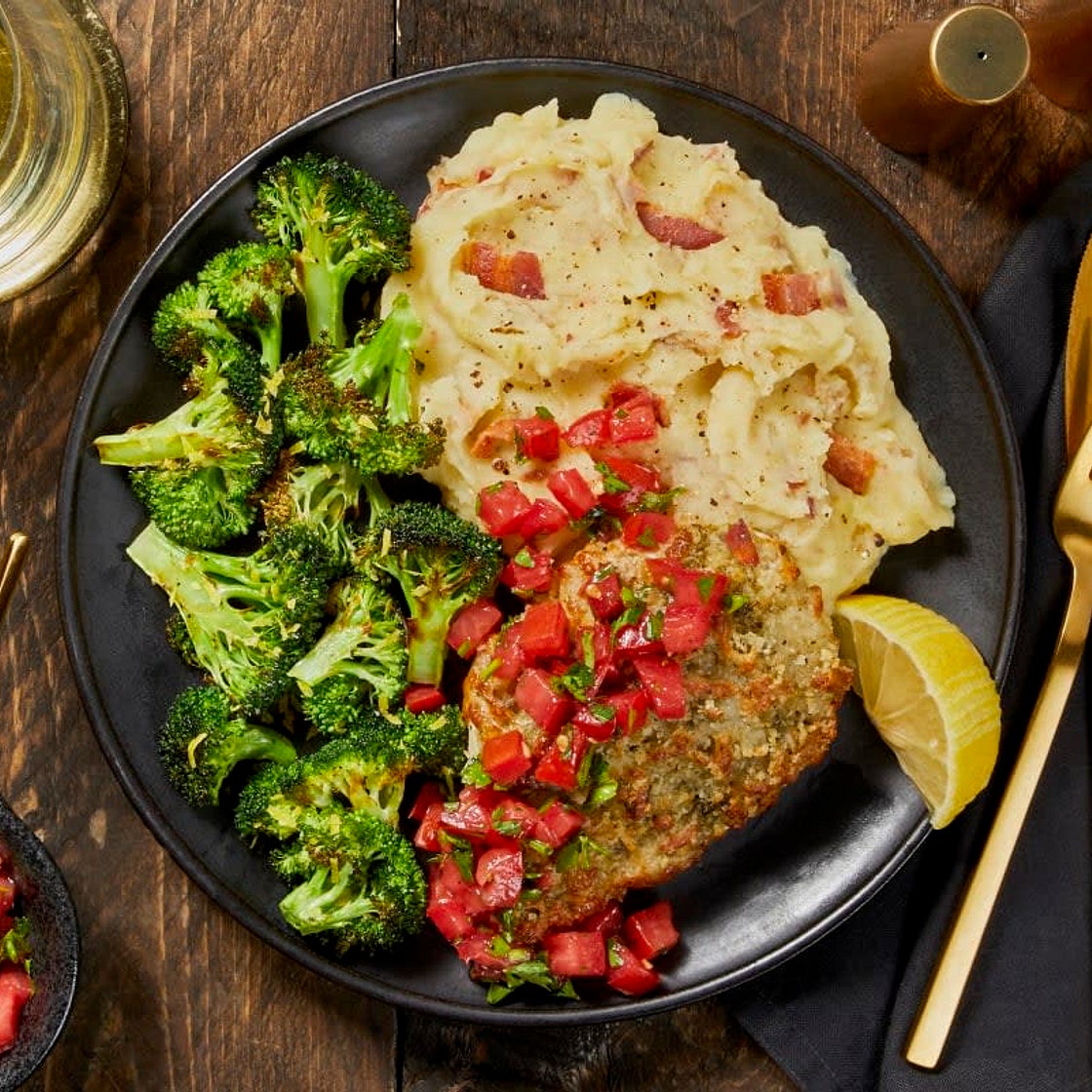 Bruschetta Chicken with a Mozzarella Crust, Bacon Mashed Potatoes, and Broccoli