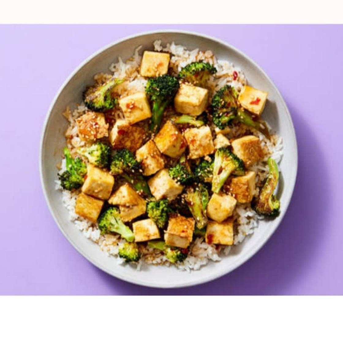 Sesame Tofu with Broccoli and Steamed Rice