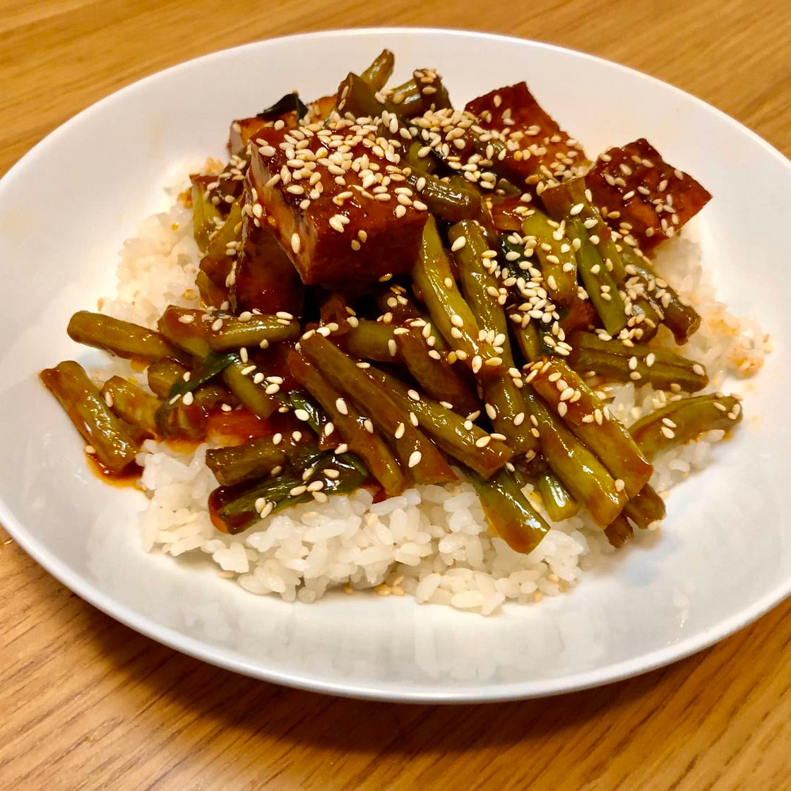 74. Green Bean and Tofu Rice Bowl with Gochujang Glaze