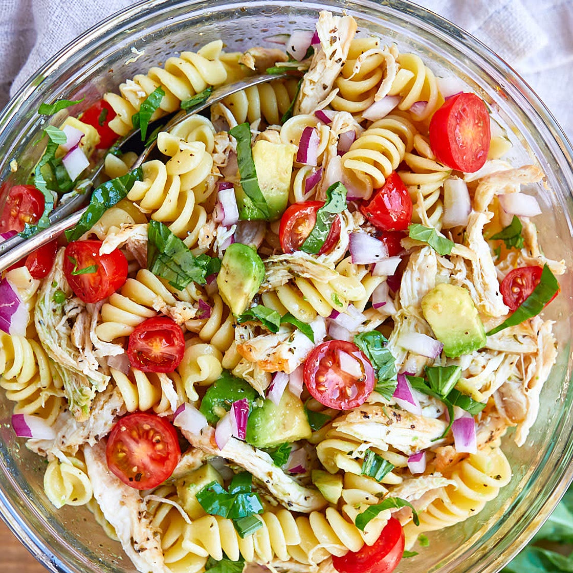 Chicken Pasta Salad with Avocado, Tomato, and Basil