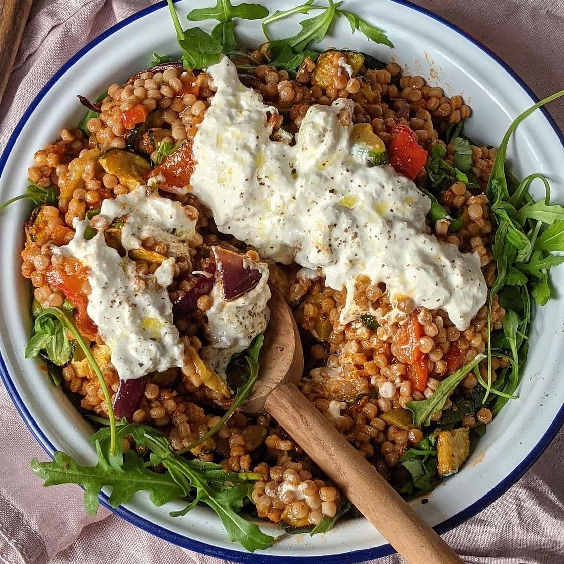 Roasted red pepper giant couscous salad