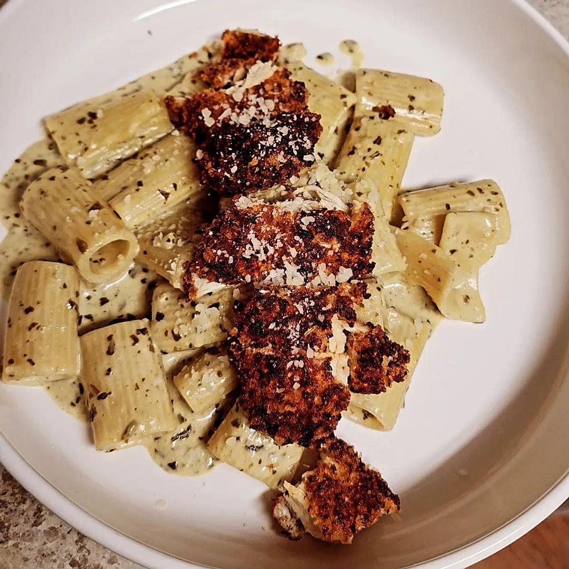 Pesto Pasta with Crispy Parmesan Chicken