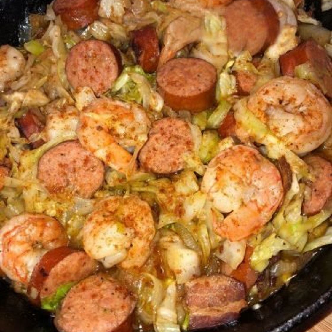 Fried Cabbage with Bacon Shrimp and Spicy Andouille Sausage - A Delicious and Easy One-Pan Meal