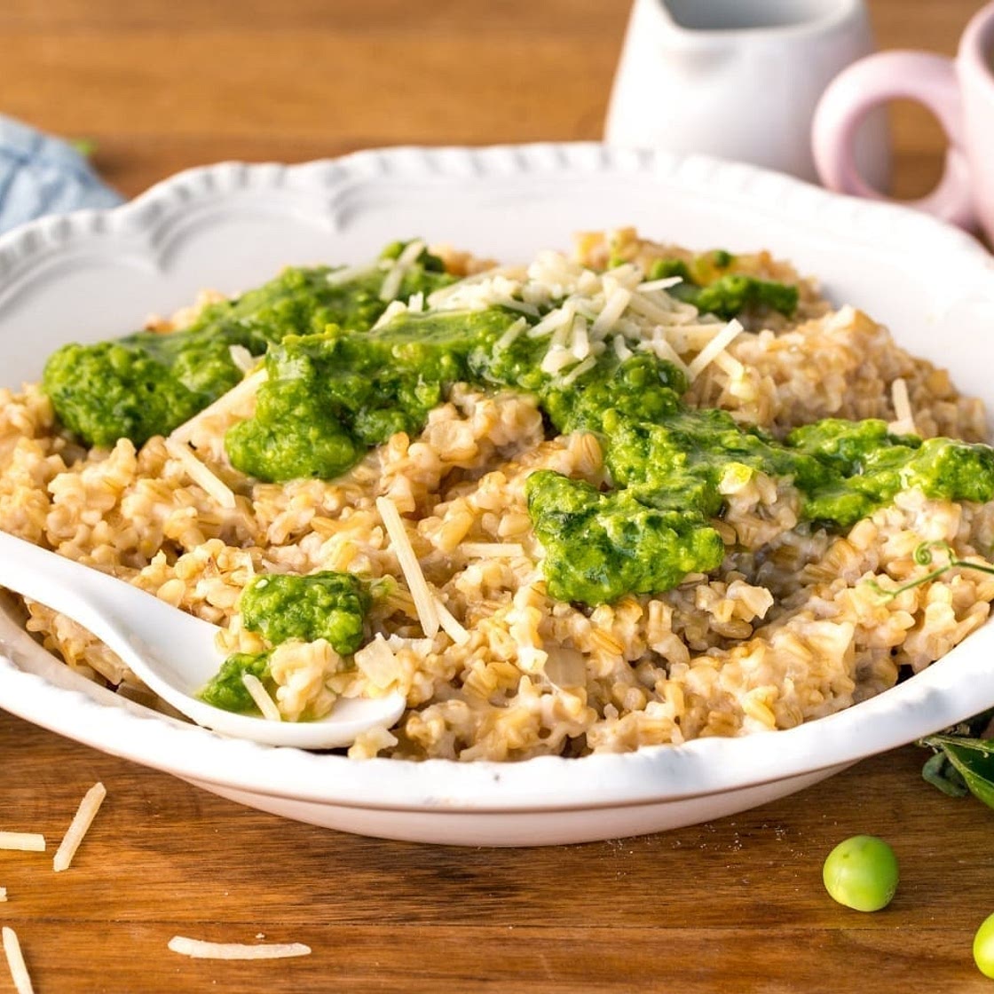 Steel-cut Oat Breakfast Risotto With Pea Pesto