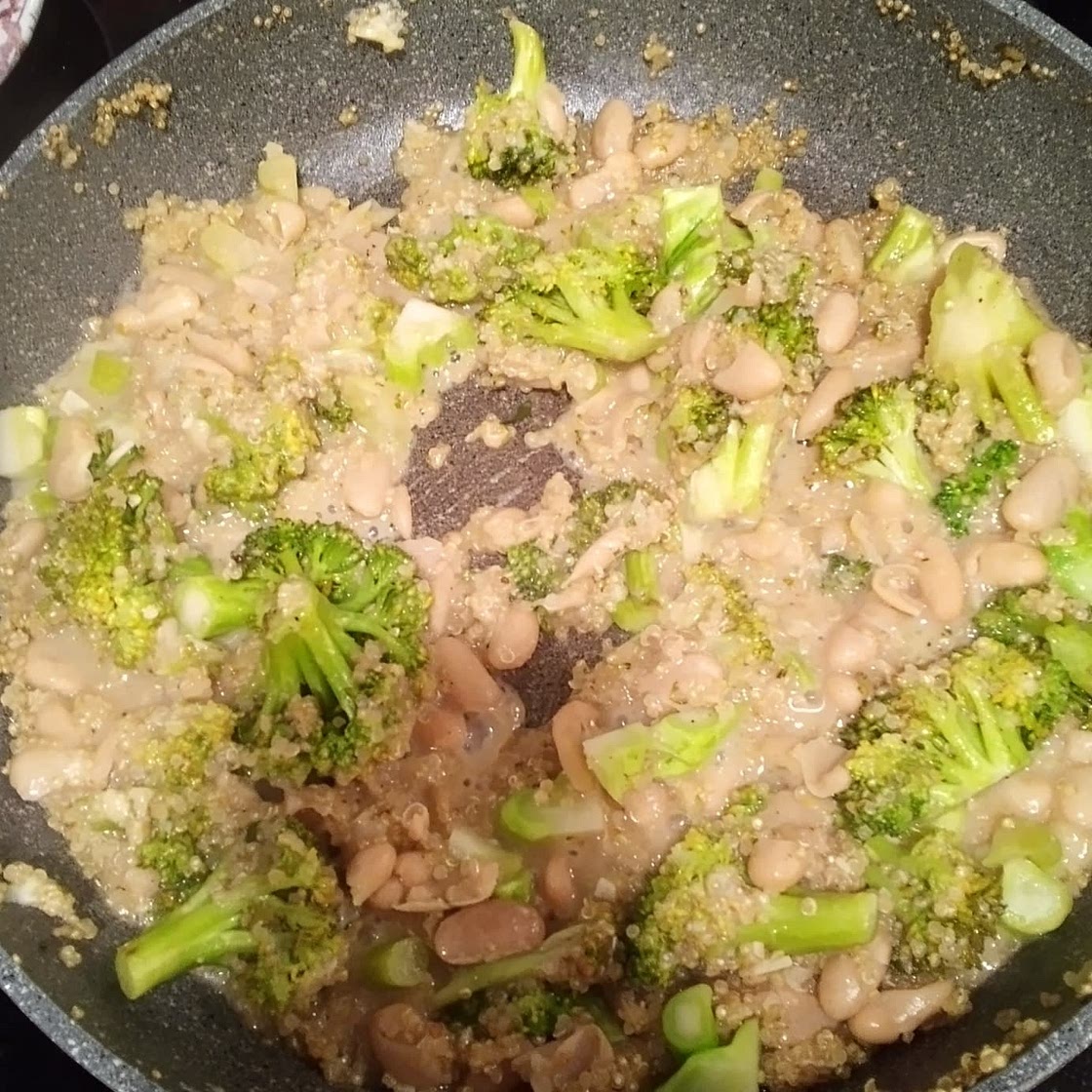 One Pan Broccoli Quinoa Skillet with Parmesan and White Beans