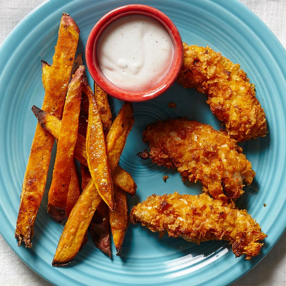 Breaded Chicken Strips and Sweet Potato Fries