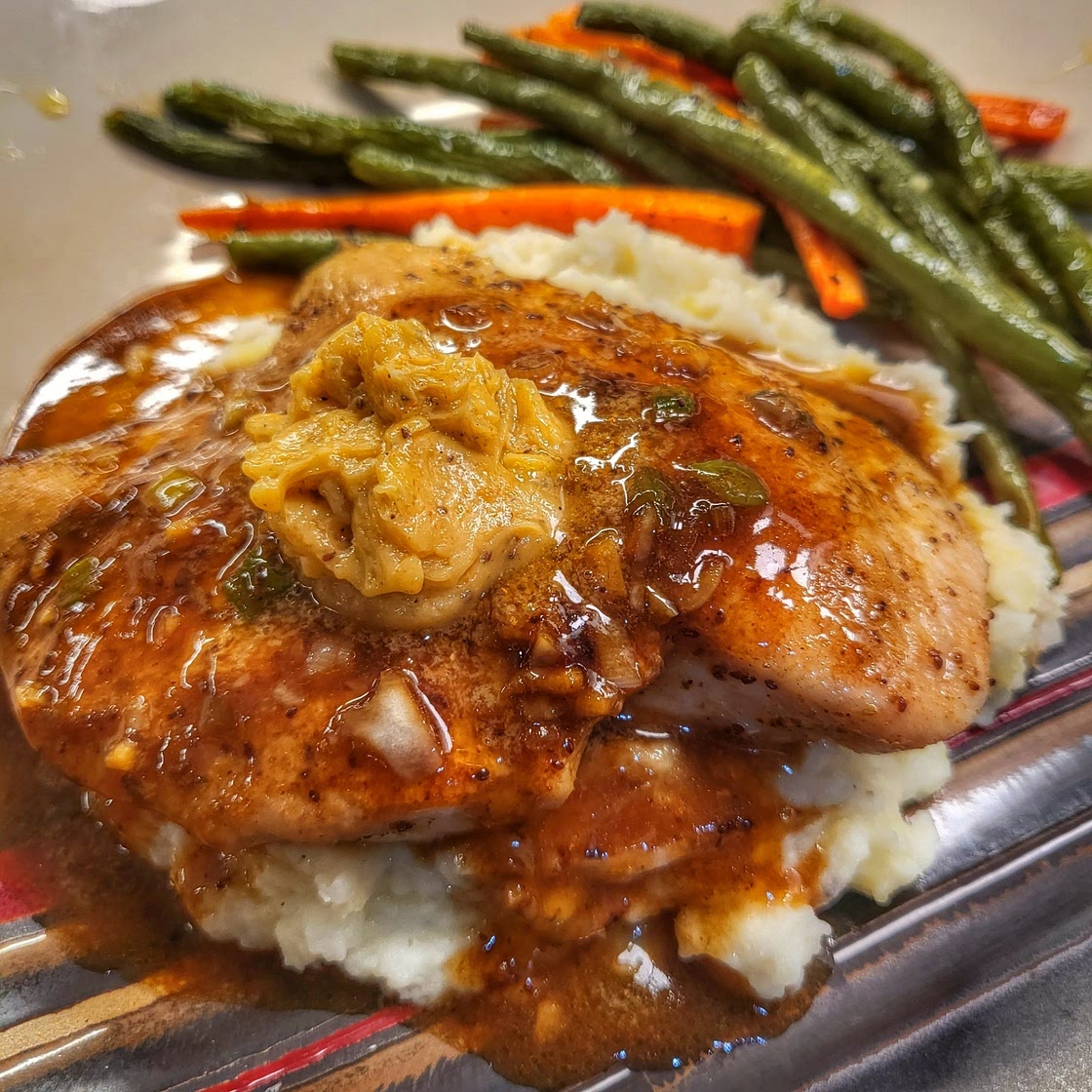 Old Bay Buttered-Up Chicken with Garlic Mashed Potatoes & Roasted Veggies