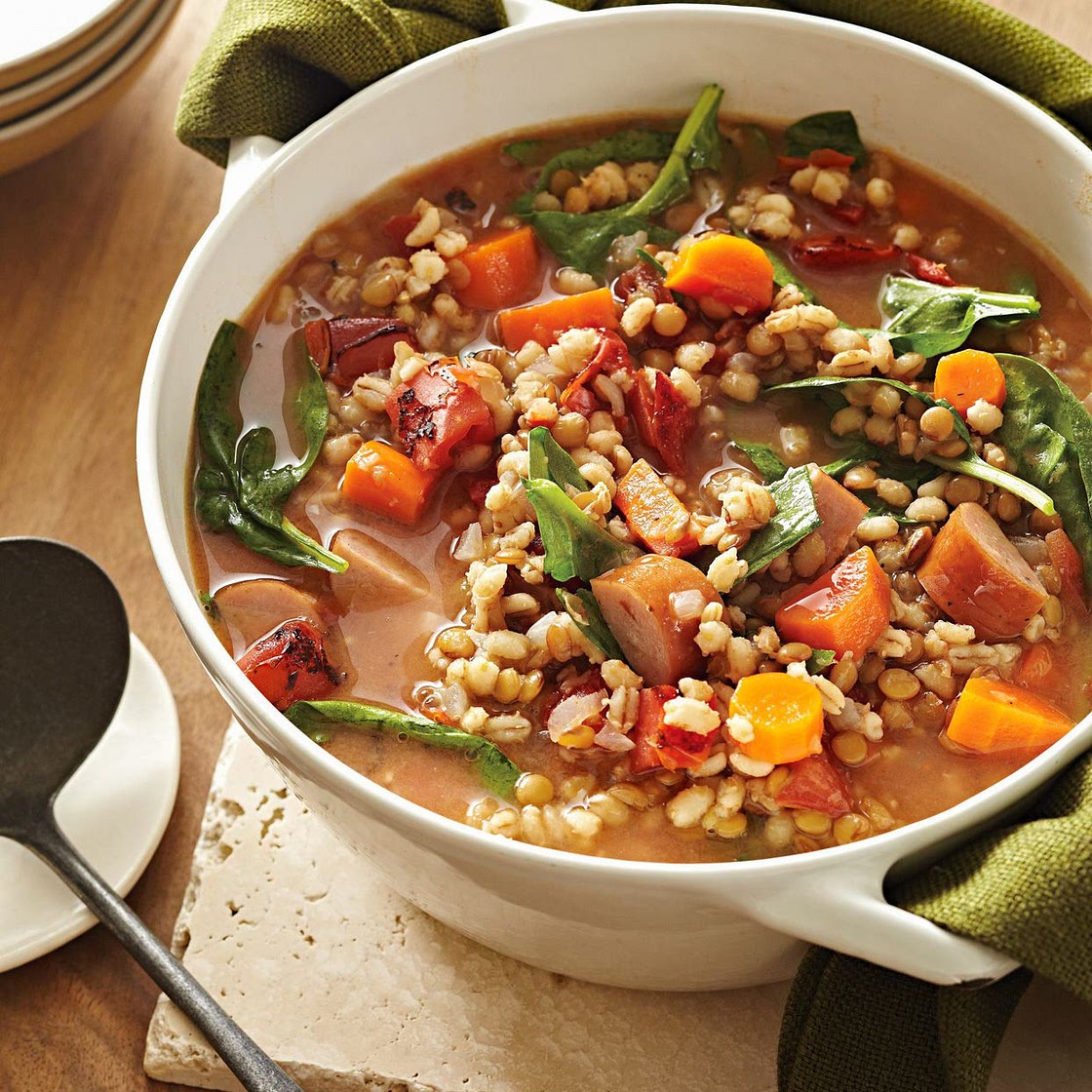 Lentil-Toasted Barley Soup with Sausage