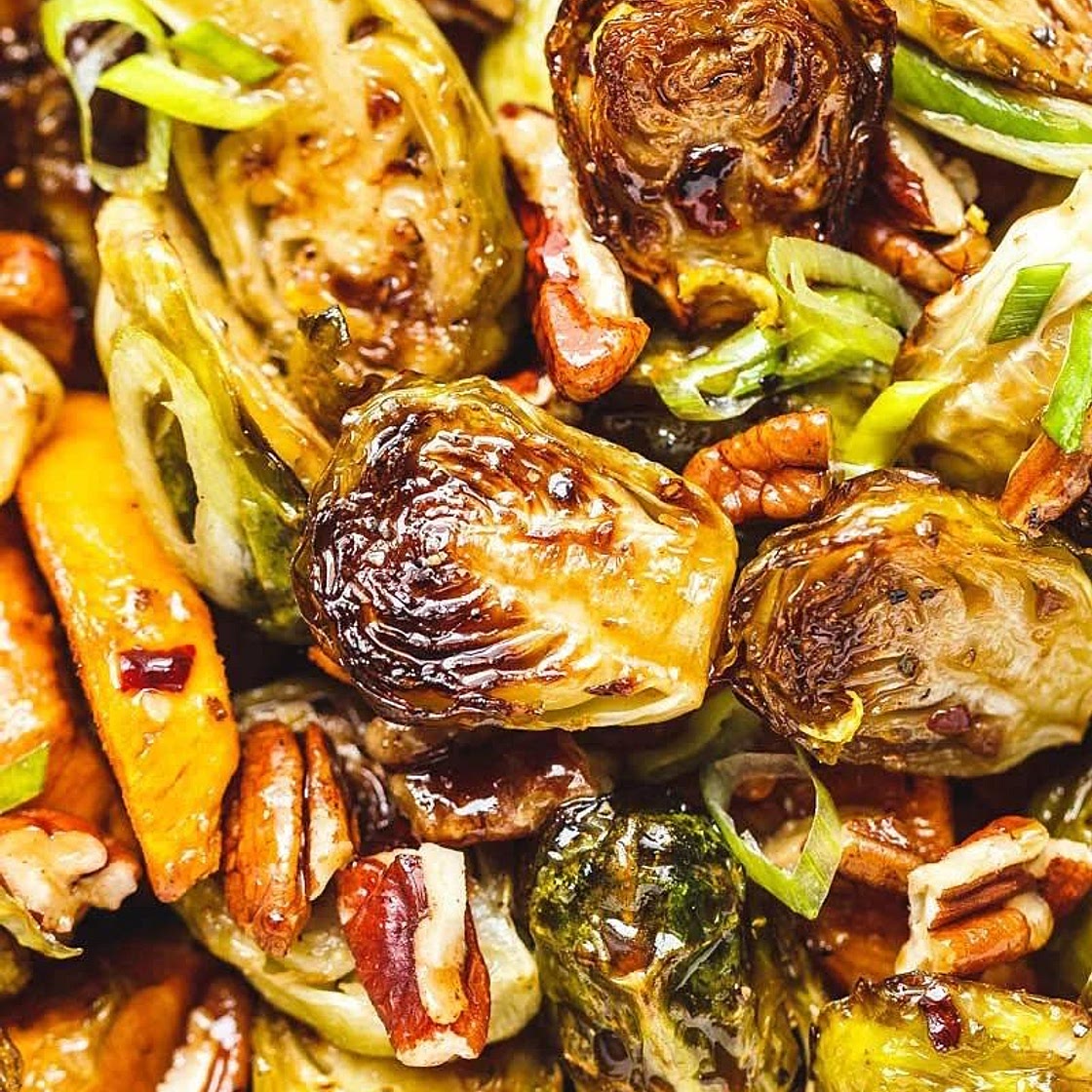 Roasted Brussels Sprouts and Sweet Potato with Balsamic Honey Glaze