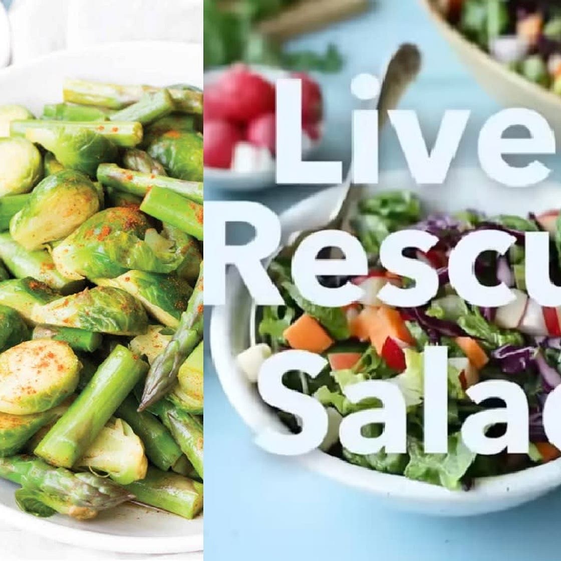 Steamed brussels and asparagus in maple cayenne sauce + Liver rescue salad