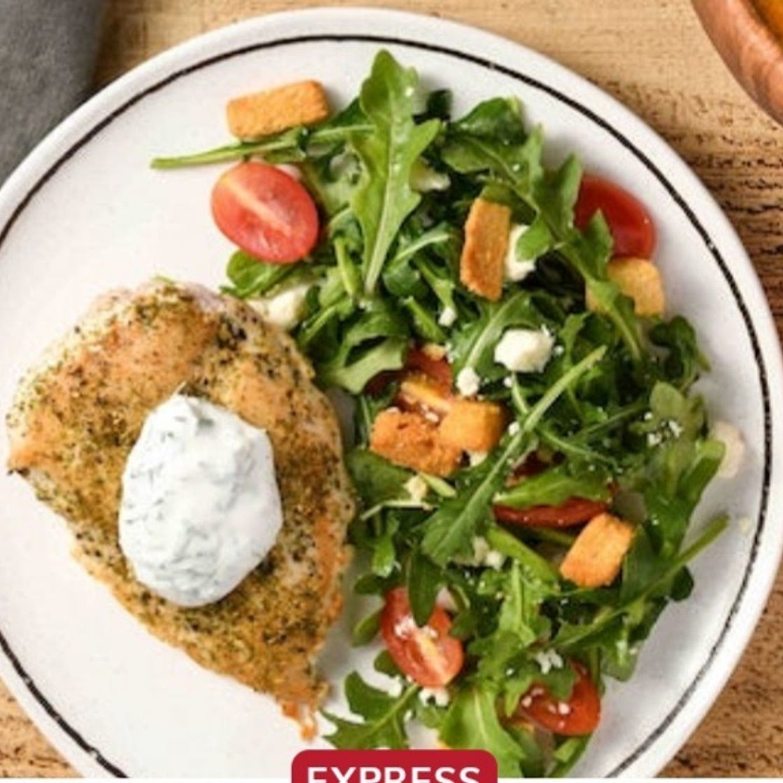 Souvlaki-style chicken breast with arugula feta salad