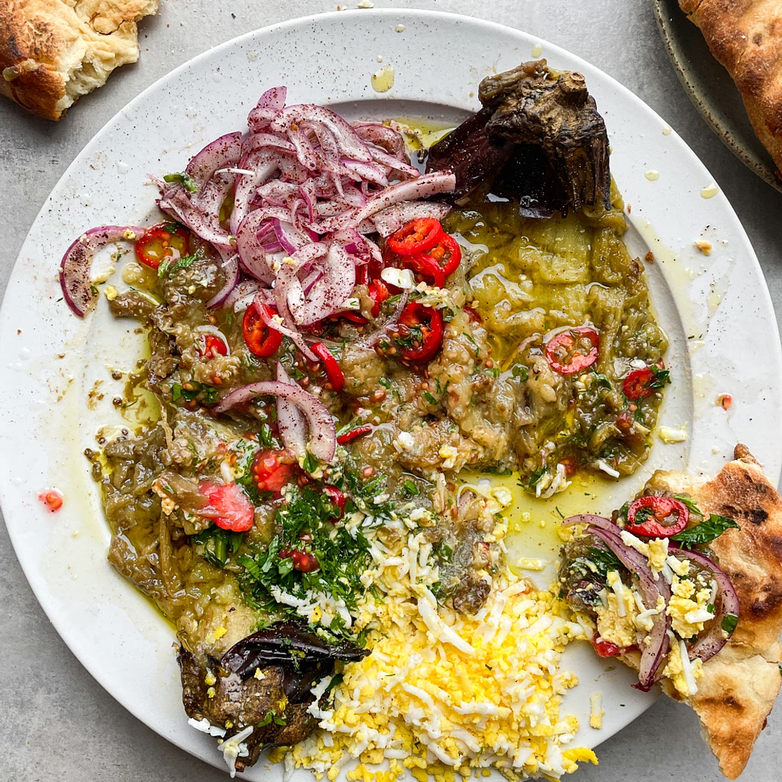 Smoky Eggplant Spread with Grilled Pizza Bianca