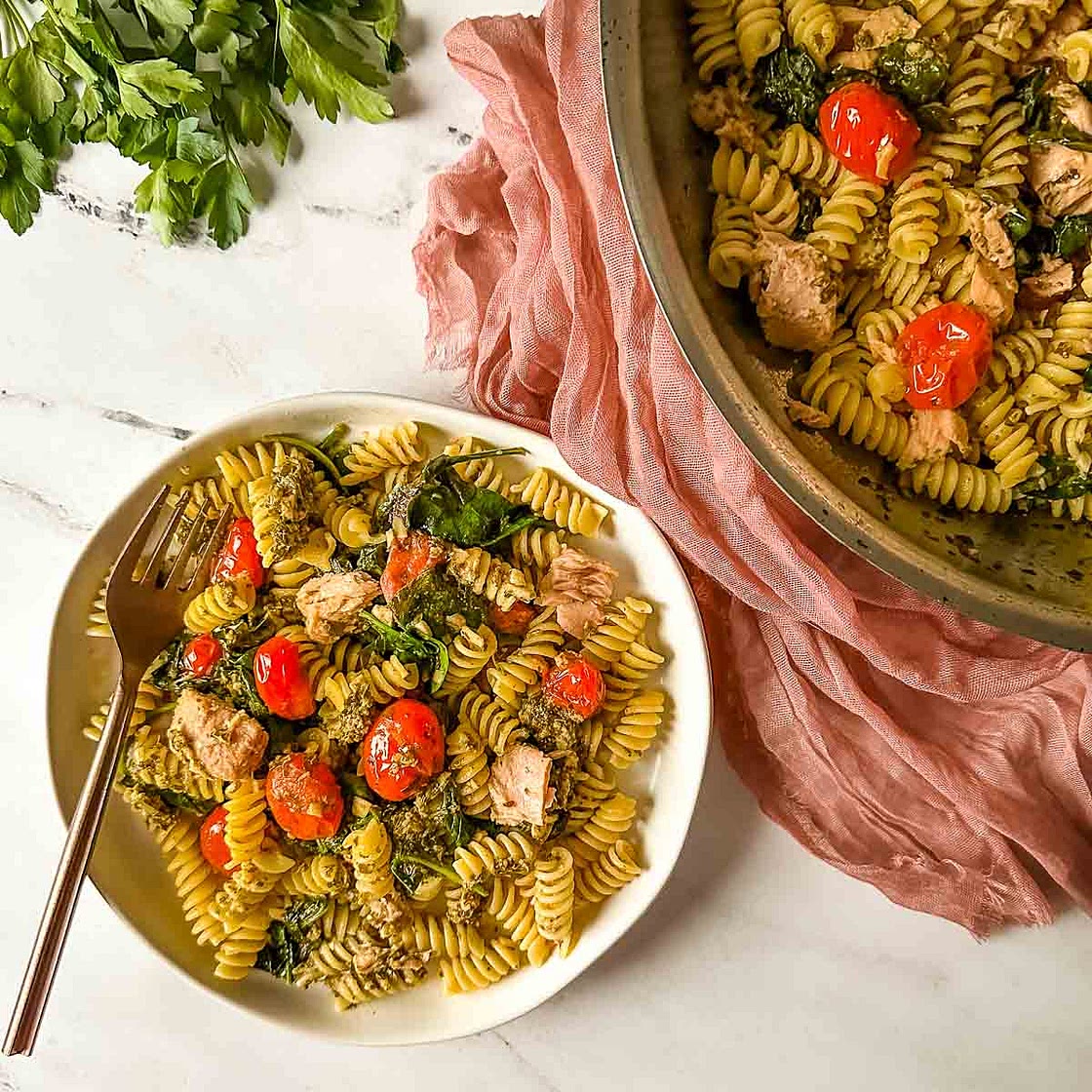 Tuna Pesto Pasta with Cherry Tomatoes