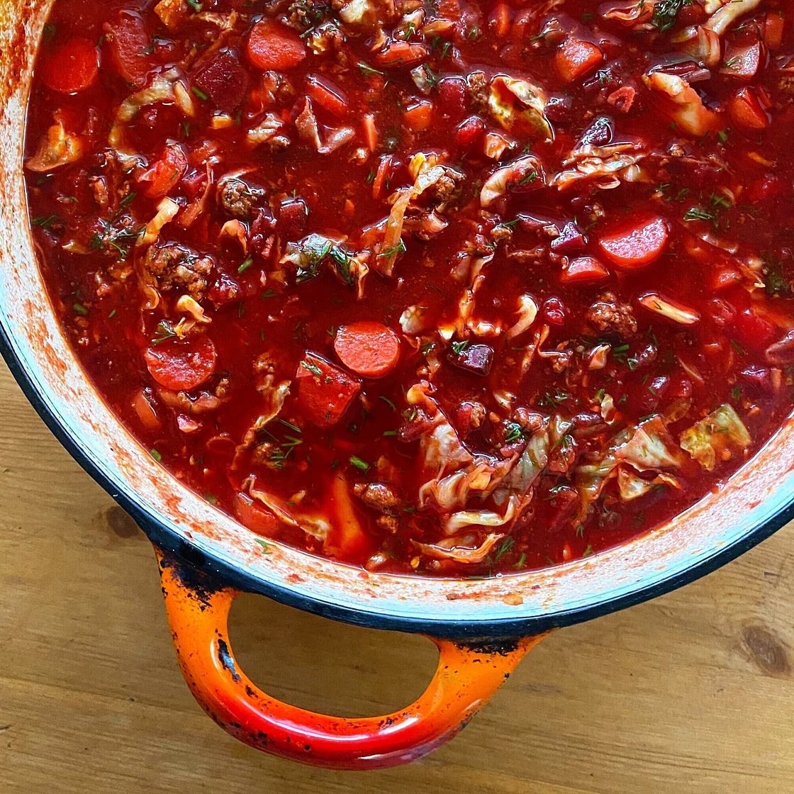 Beet and Cabbage Borscht using Ground Beef — Recipes and Blog - Sara Binder Living