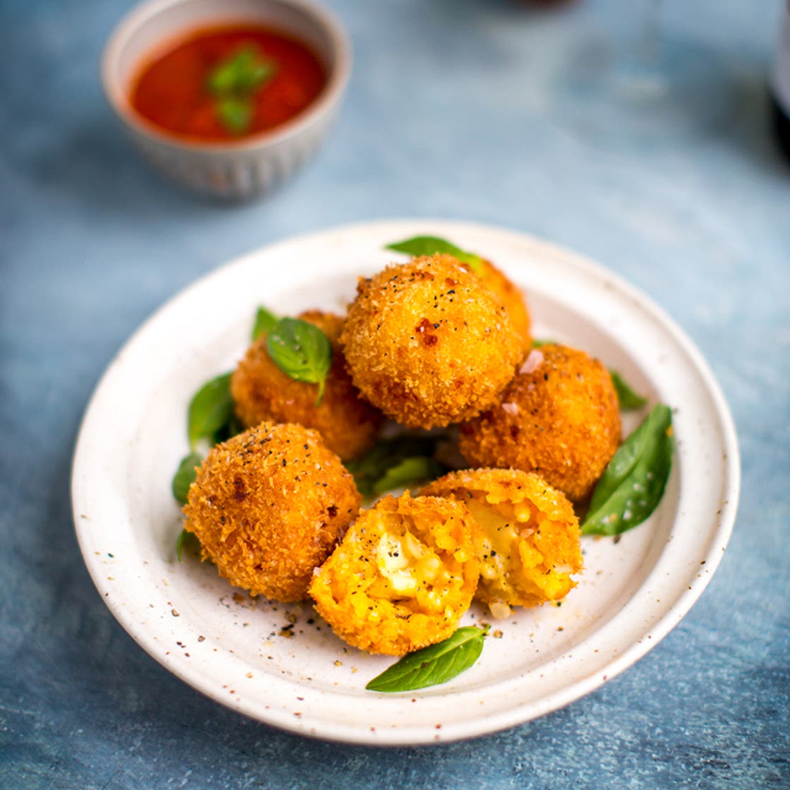 Mozzarella Arancini with Sweet & Spicy Marinara