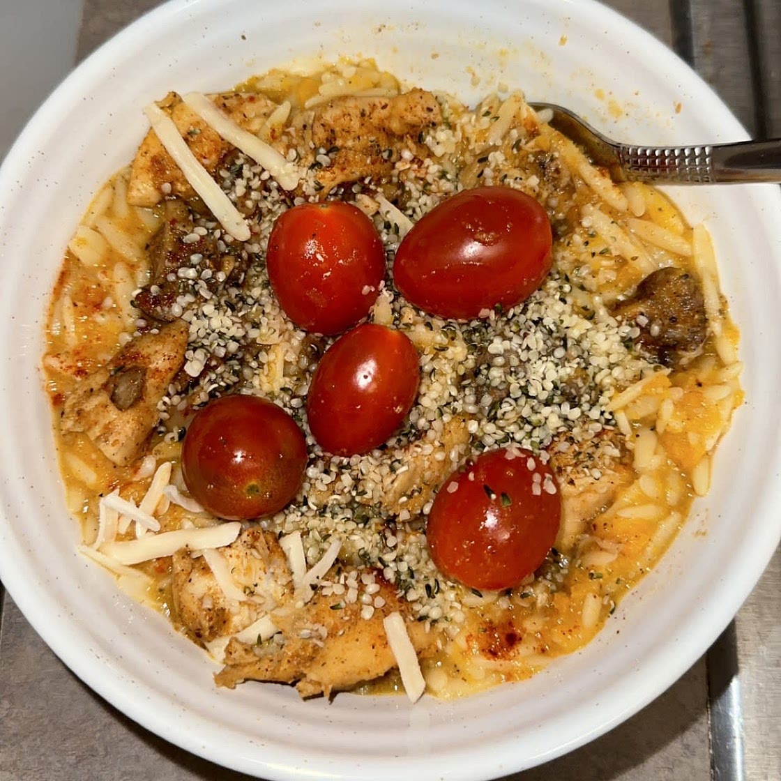Pumpkin Orzo with Roasted Hennep Seeds