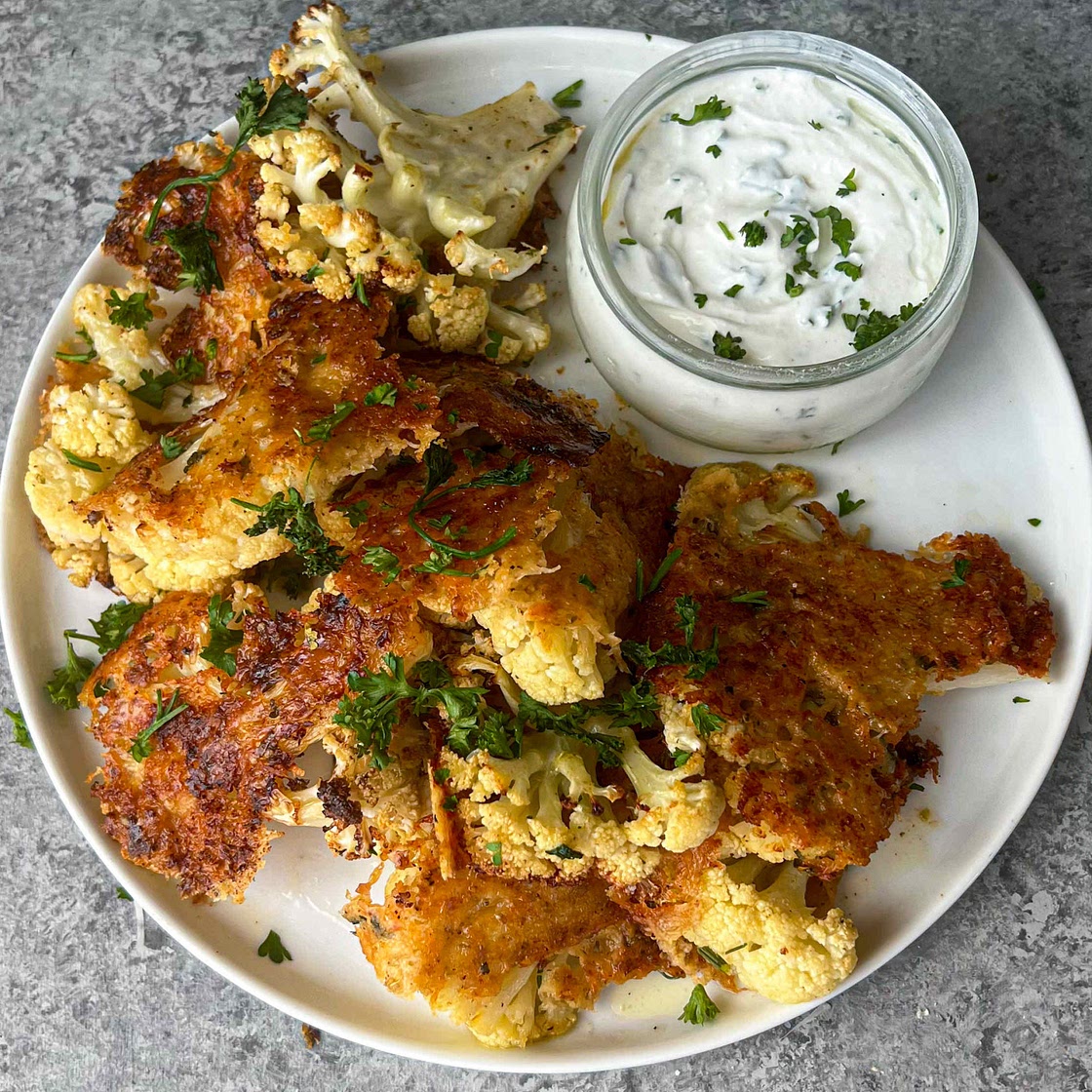 Crispy Parmesan Cauliflower with Light & Creamy Onion Dip