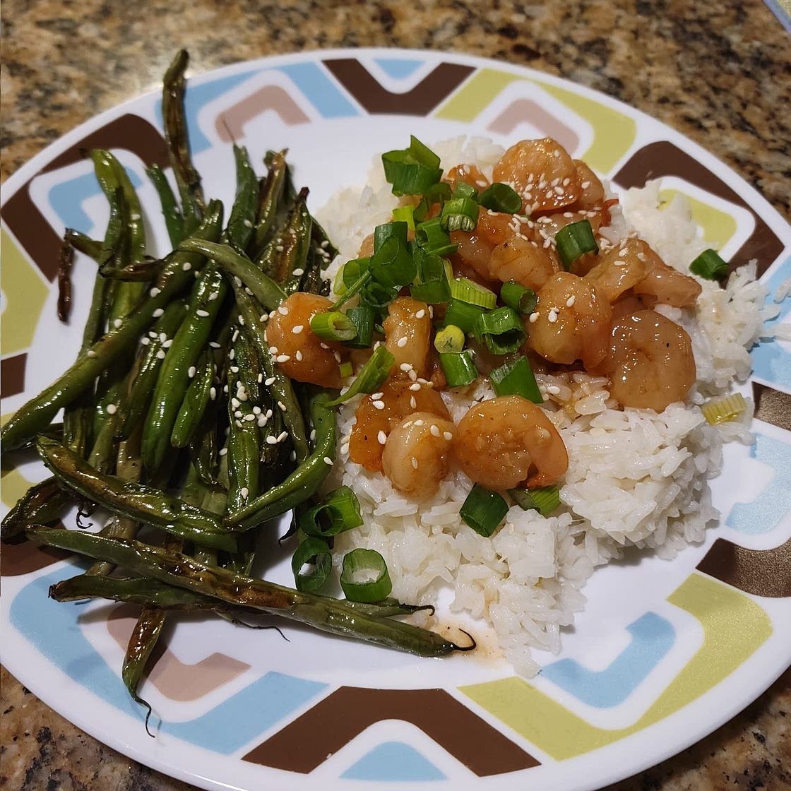 Sizzling Hoisin Shrimp with Ginger Scallion Rice & Crispy Green Beans