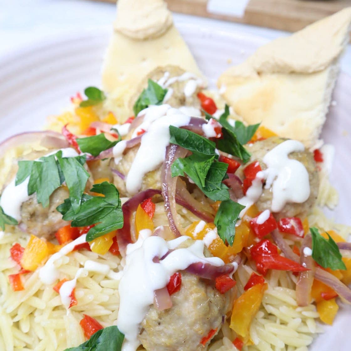 Greek Chicken Meatballs With Roasted Veggies, Lemon Orzo & Feta