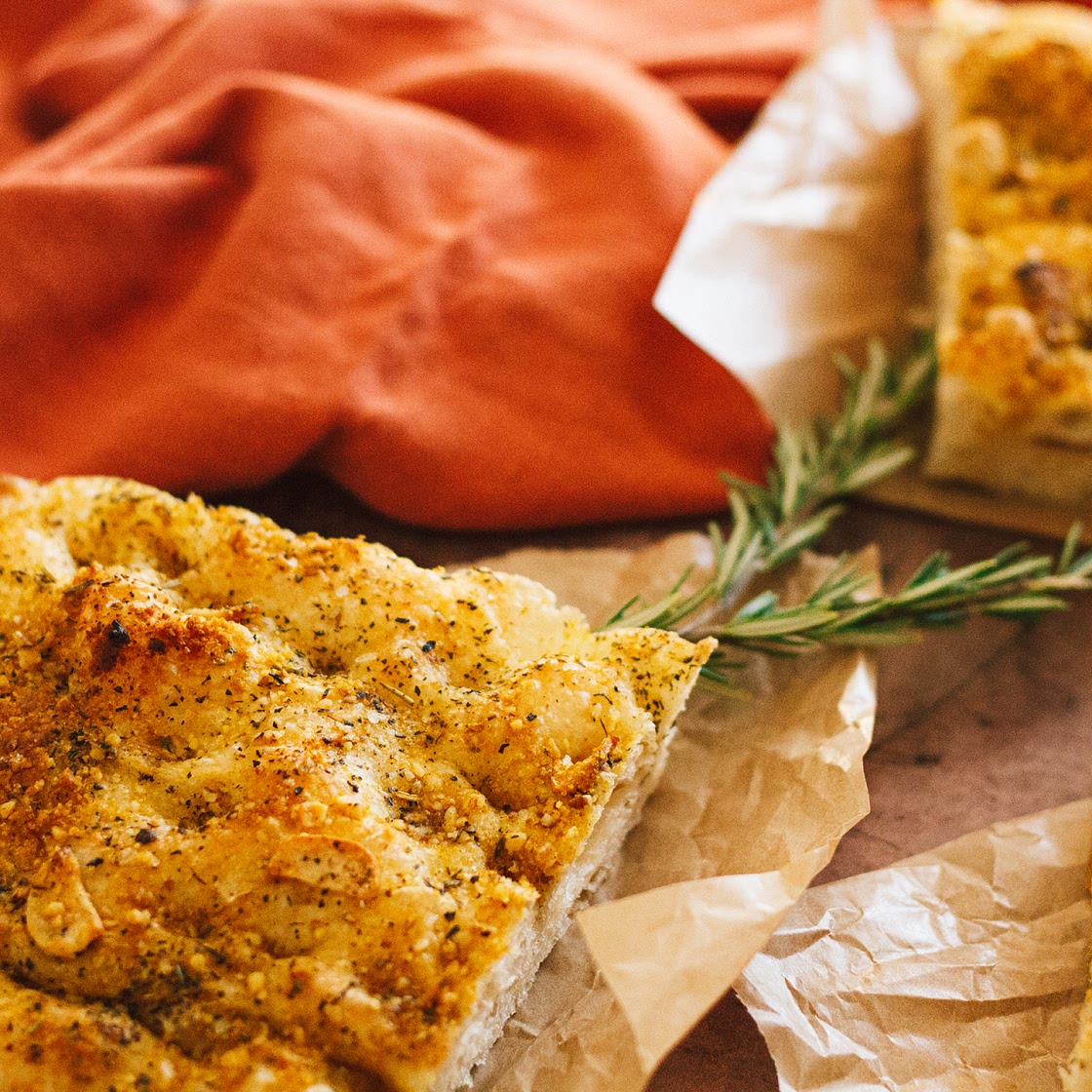 Italian Herb, Garlic, & Vegan Parmesan Focaccia Bread