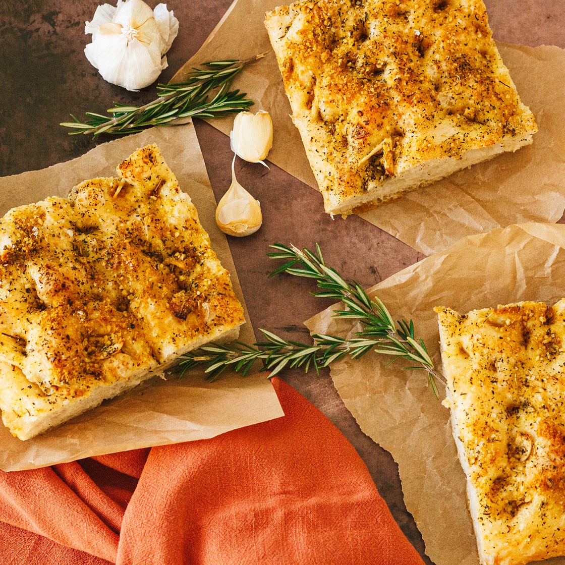 Italian Herb, Garlic, & Vegan Parmesan Focaccia Bread