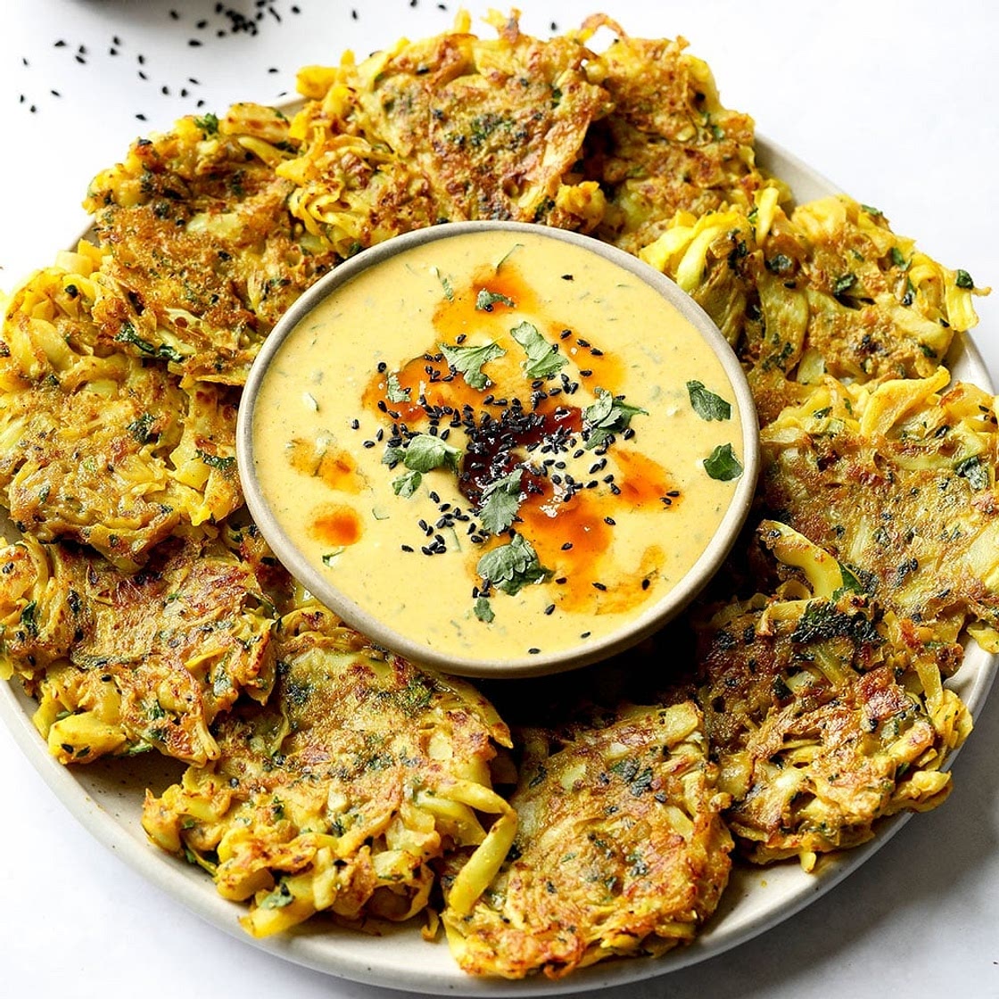 Vegan Cabbage Pancakes with a Chutney Chickpea Dip