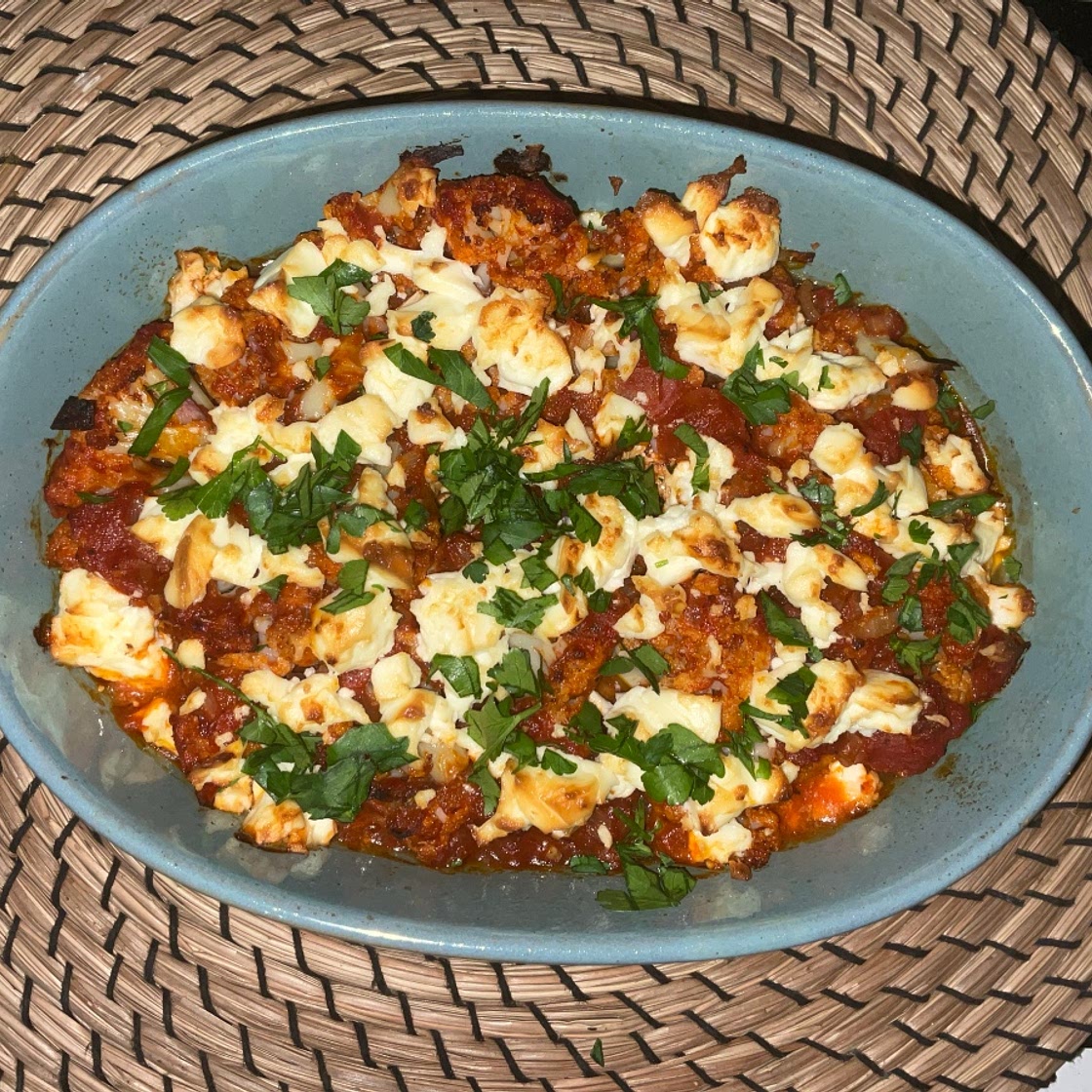 Baked Cauliflower in a Tomato Sauce with a Feta Topping