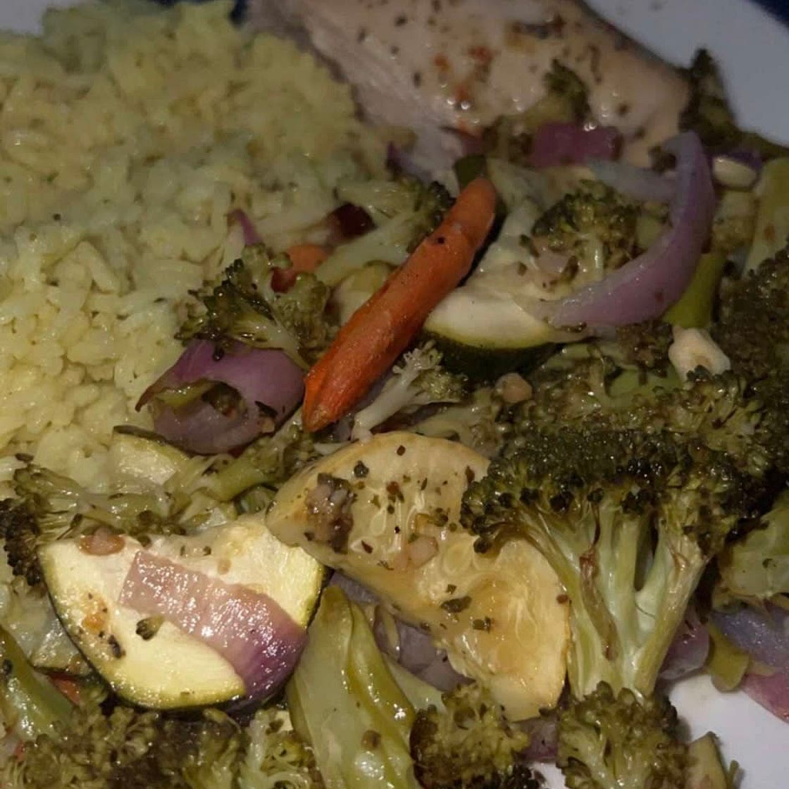 Roasted chicken and veggies with rice
