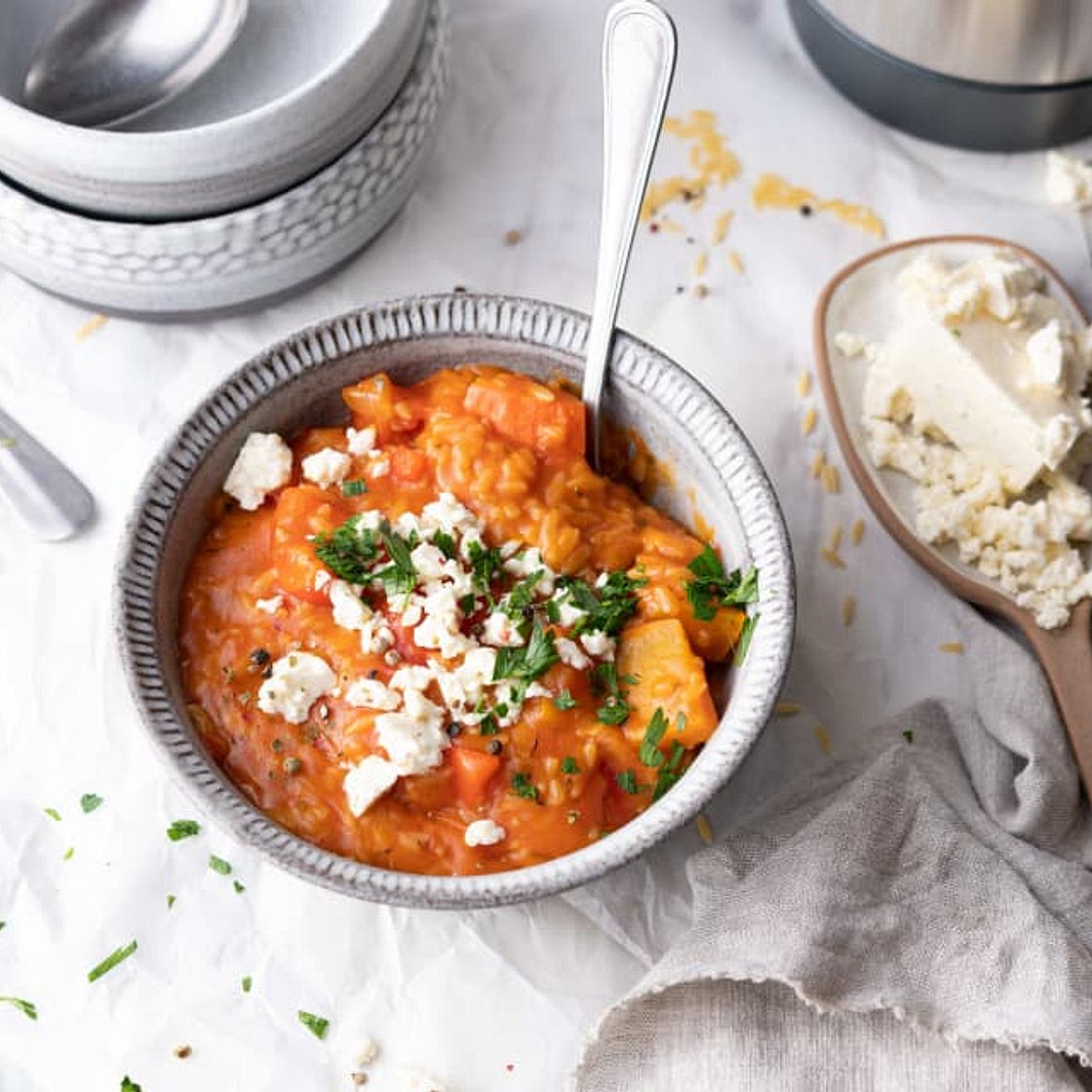 Orzo com abóbora e pimento