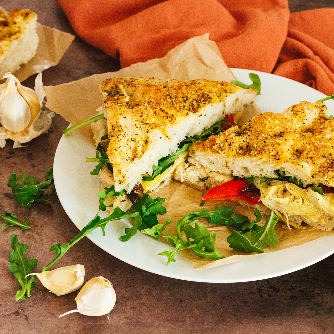 Roasted Vegetable Sandwich with Rosemary Garlic White Bean Spread on Focaccia