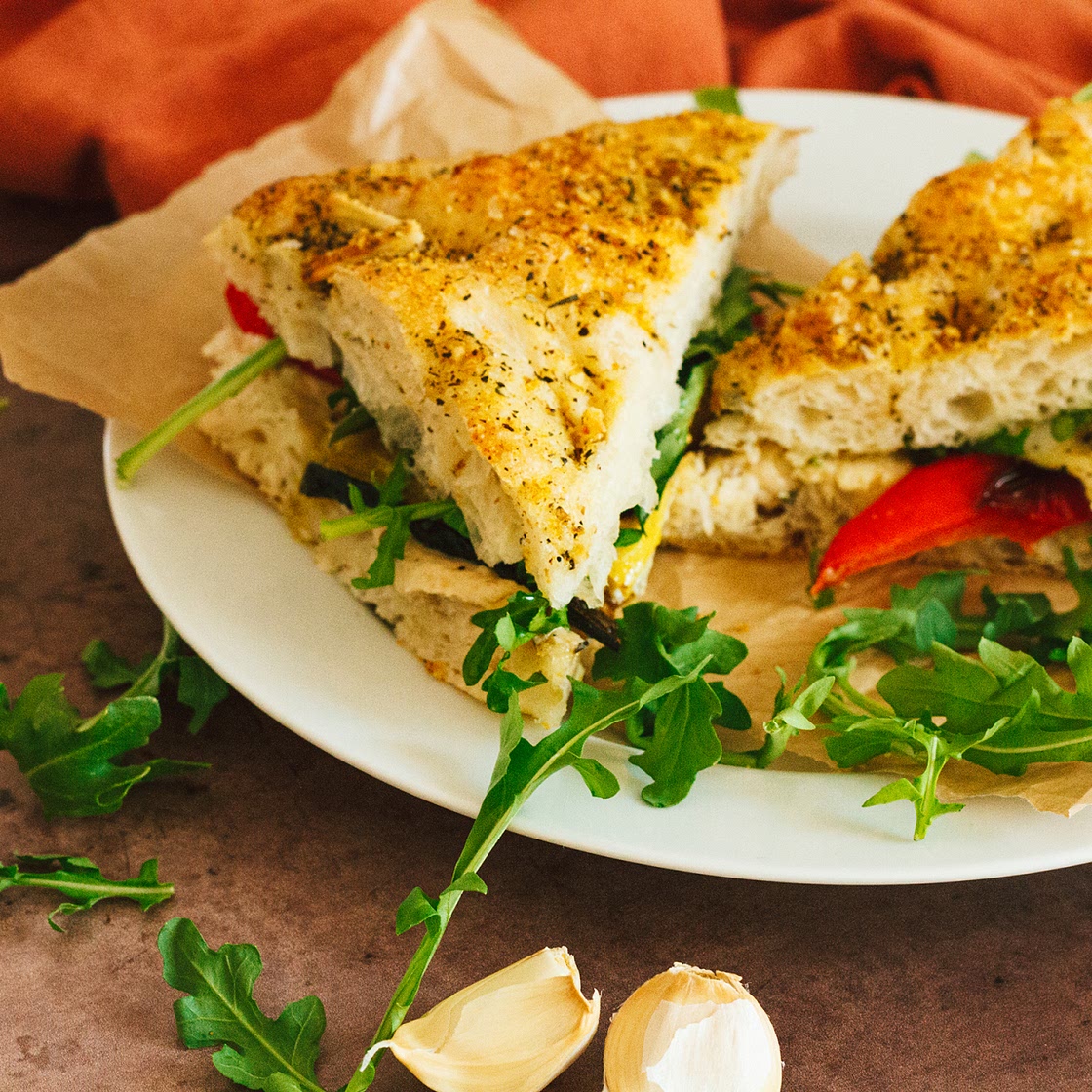 Roasted Vegetable Sandwich with Rosemary Garlic White Bean Spread on Focaccia