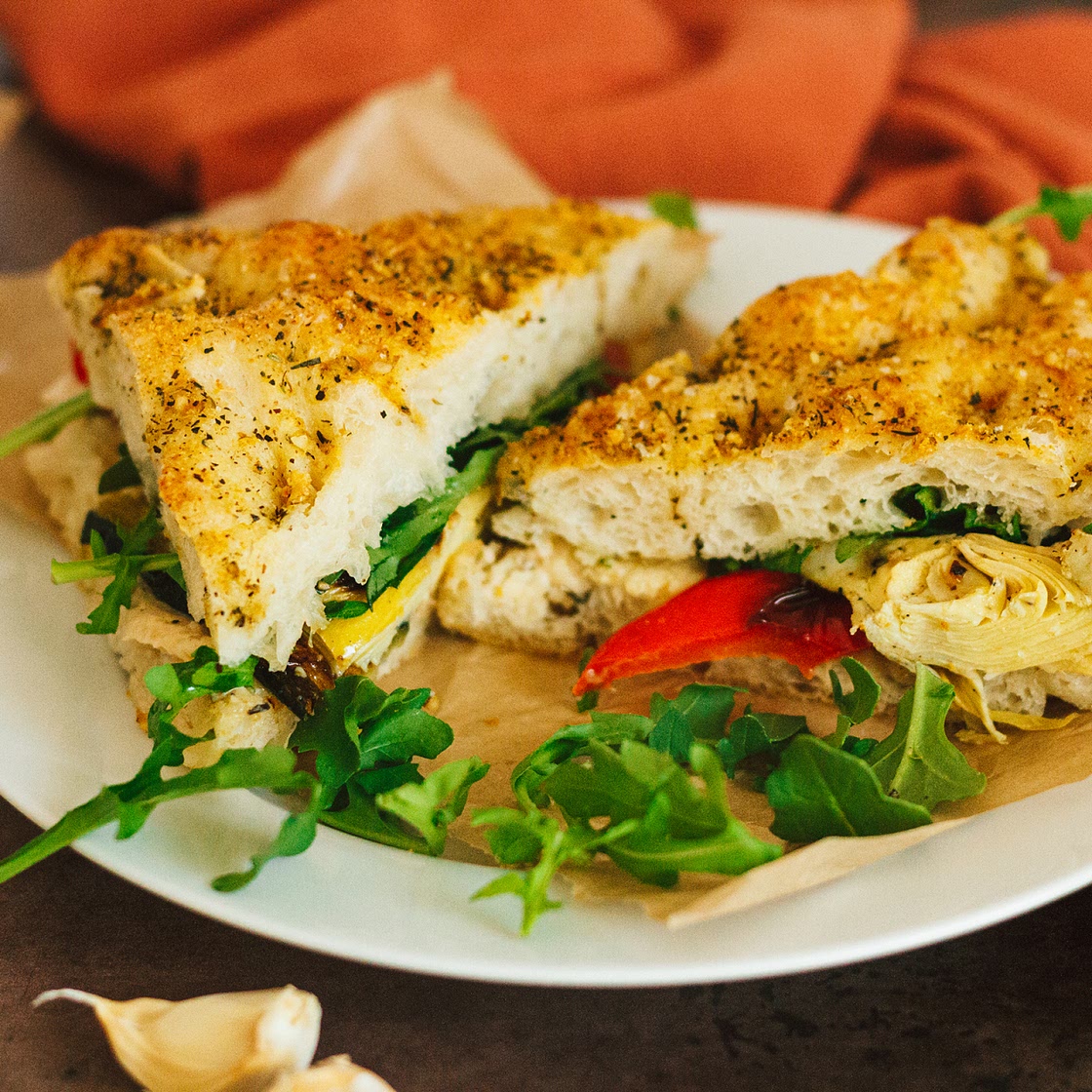 Roasted Vegetable Sandwich with Rosemary Garlic White Bean Spread on Focaccia