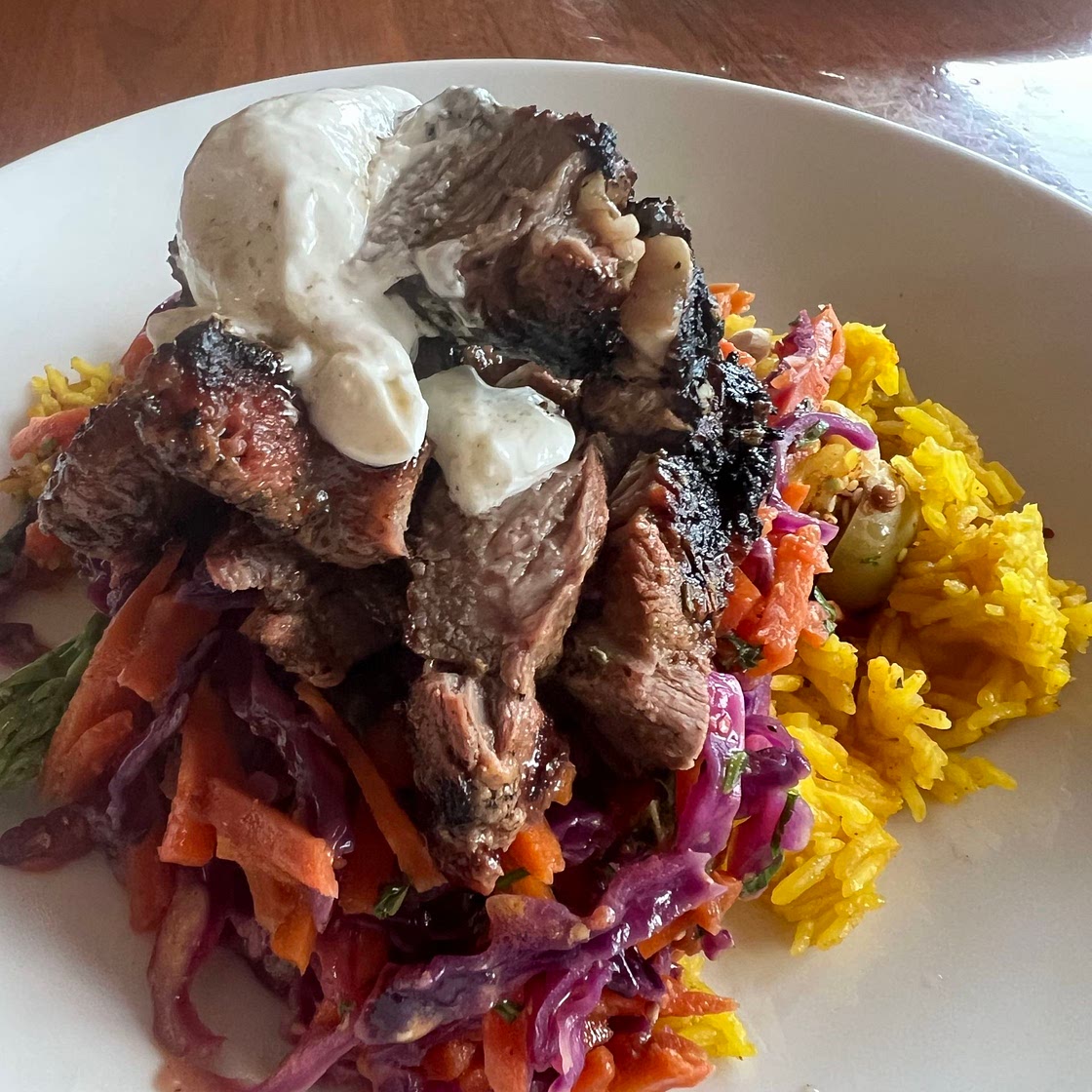 BBQ Lamb Shoulder, Charred Broccolini, Saffron Rice