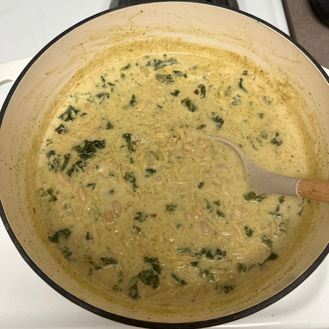 Creamy White Bean Lemon Pesto Orzo Soup