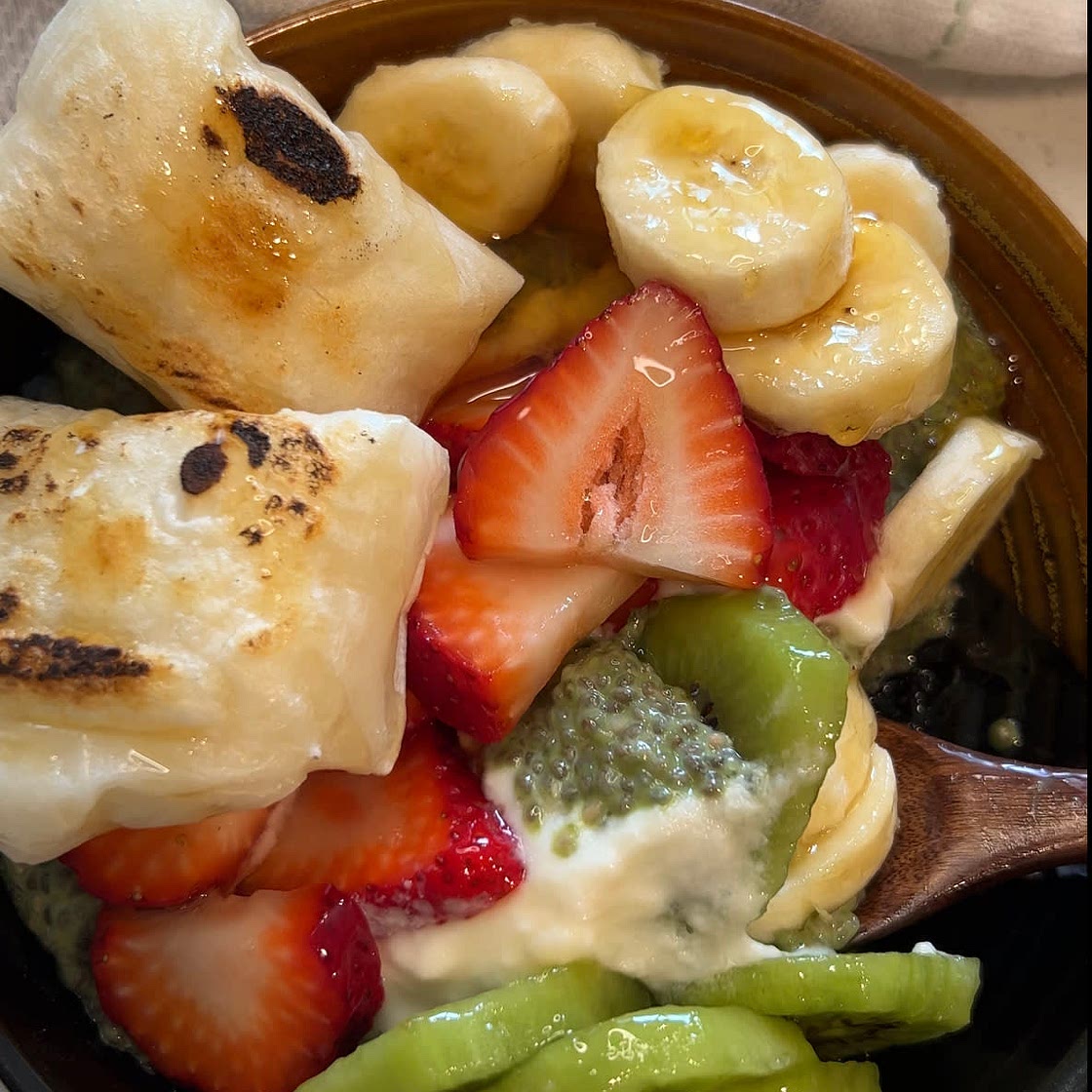 Matcha Chia Seed Pudding & Roasted Japanese Rice Cakes