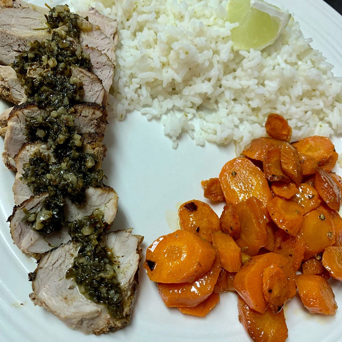 Chimichurri Pork Tenderloin with Honey-Roasted Carrots & Lime Rice