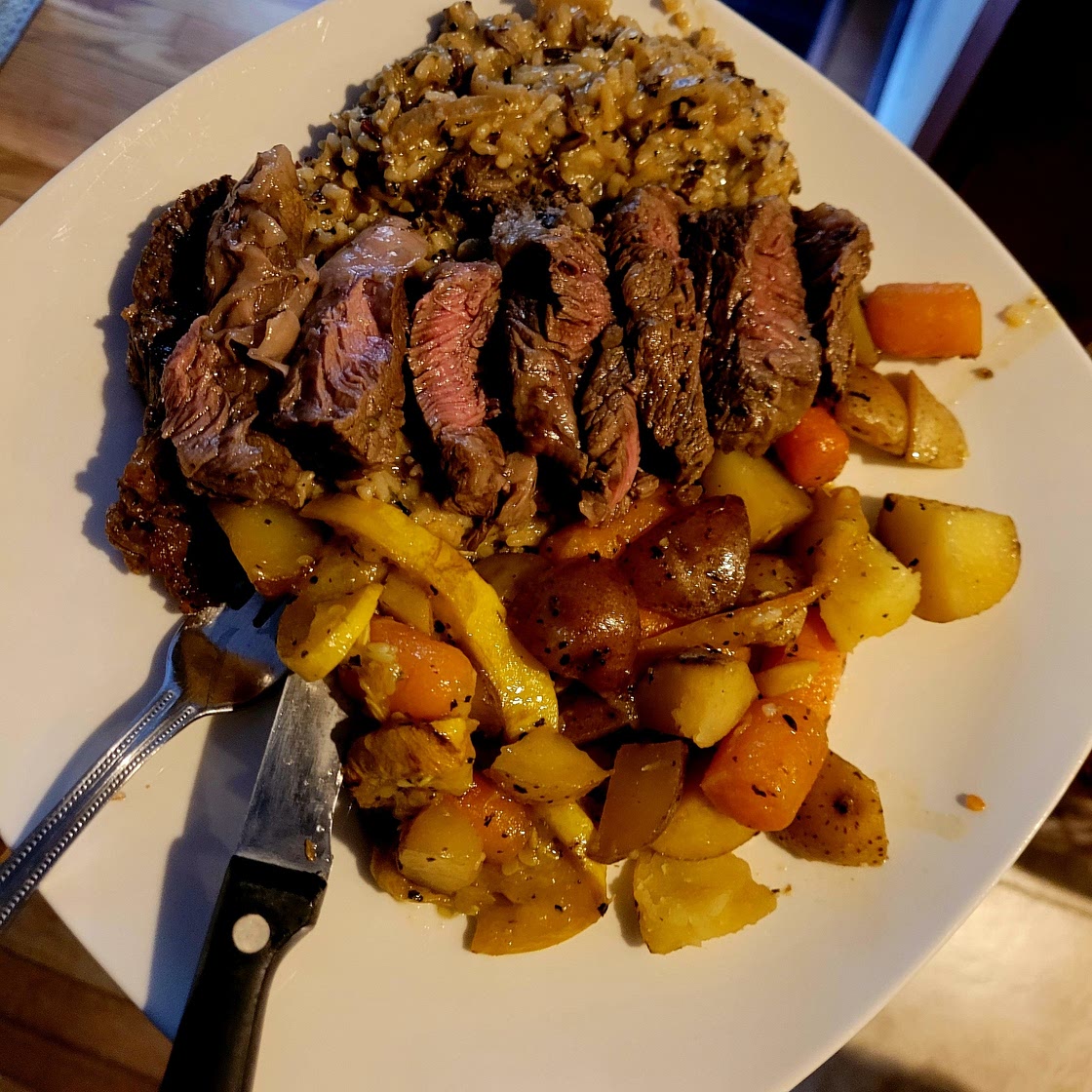 Overnight Steaks rice and sheet pan veggies