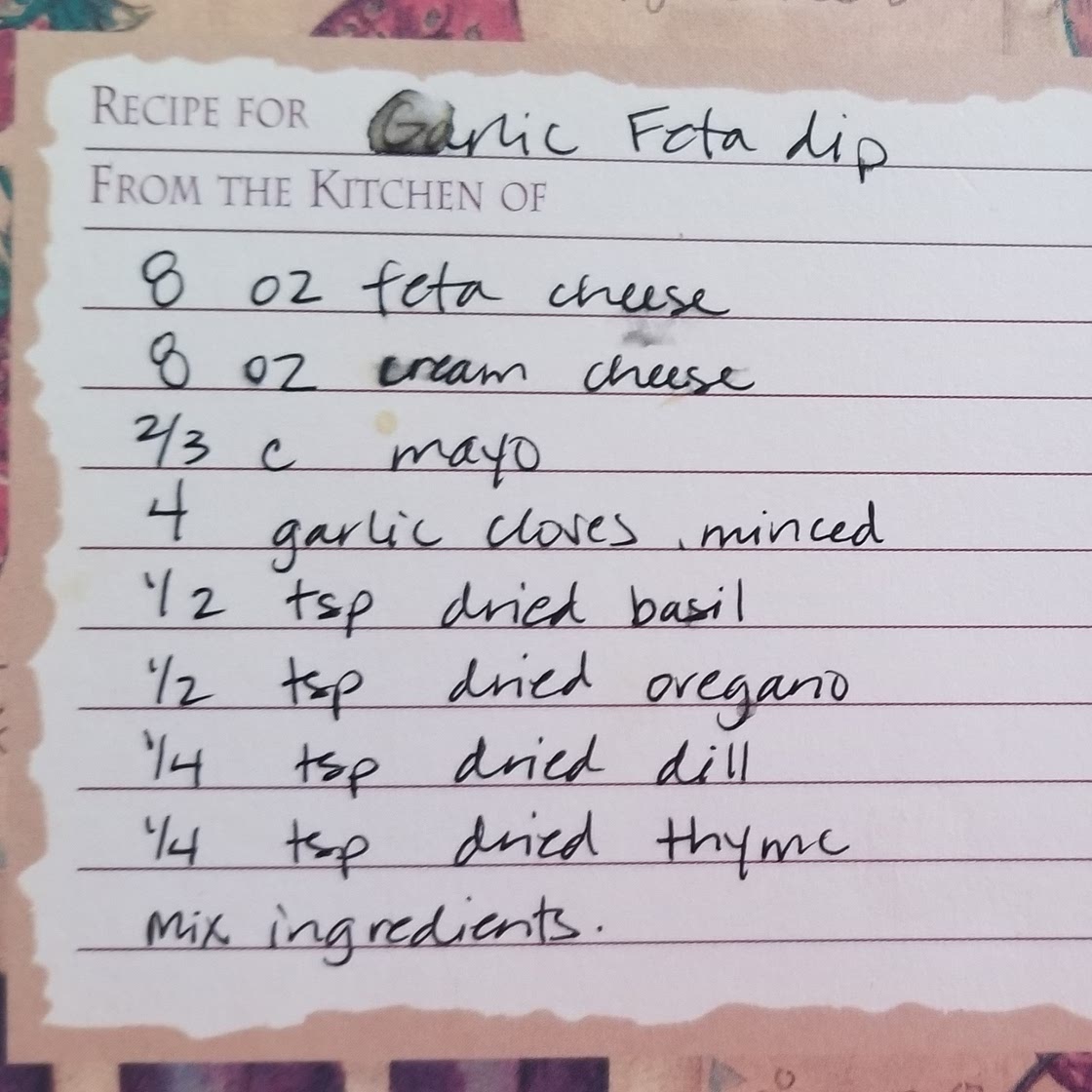 THE Garlic Feta Dip (card from sister)